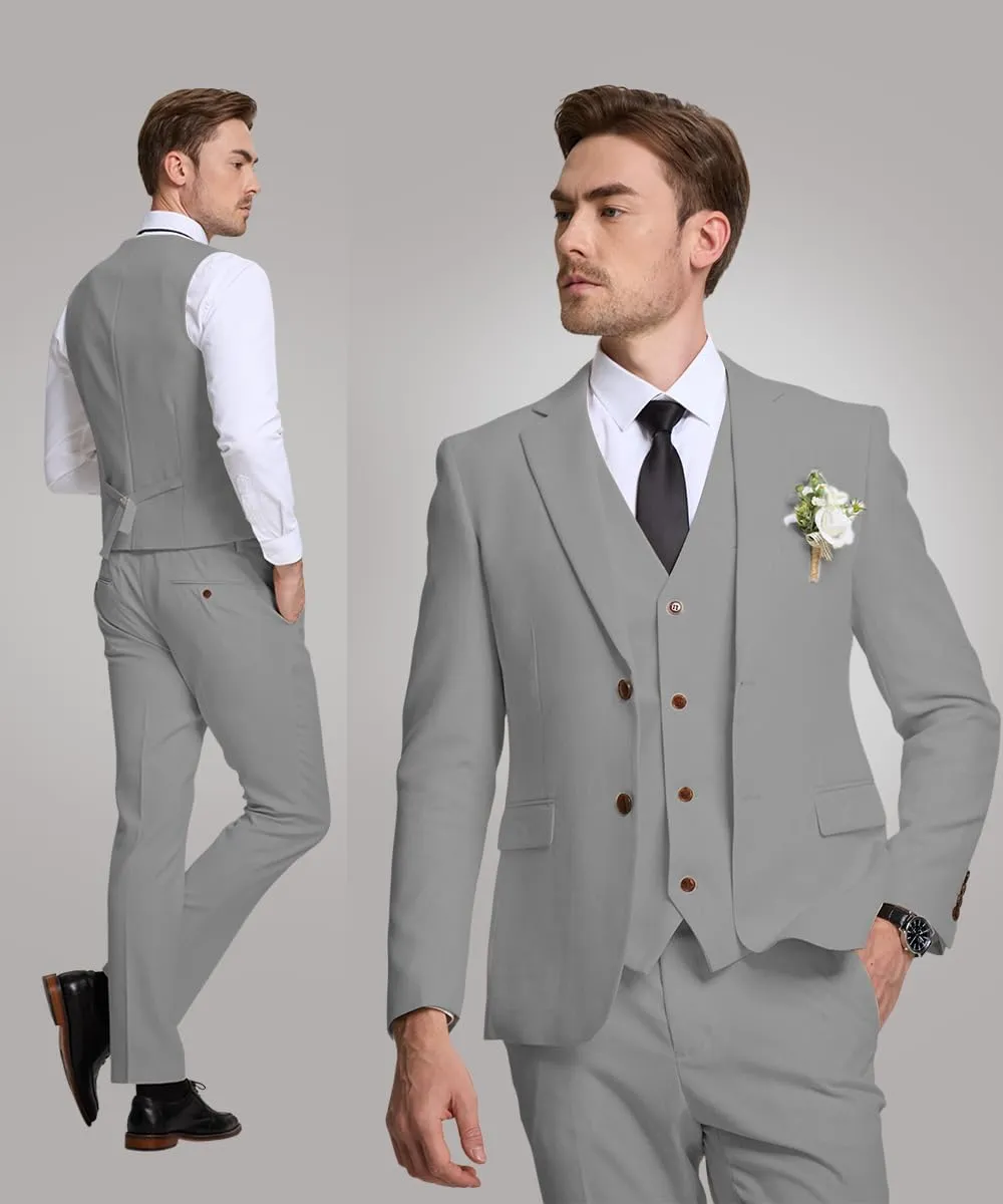 3 Piece Men's Linen Suit,Slim Fit Suits Set for Men Two Buttons Grooms Suits for Summer Beach Wedding