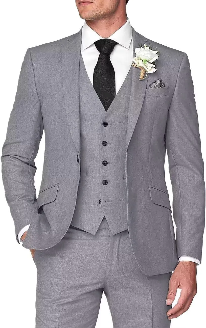 3 Piece Men's Linen Suit,Slim Fit Suits Set for Men Two Buttons Grooms Suits for Summer Beach Wedding