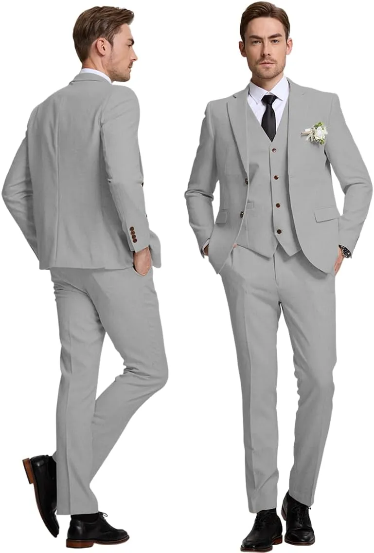 3 Piece Men's Linen Suit,Slim Fit Suits Set for Men Two Buttons Grooms Suits for Summer Beach Wedding