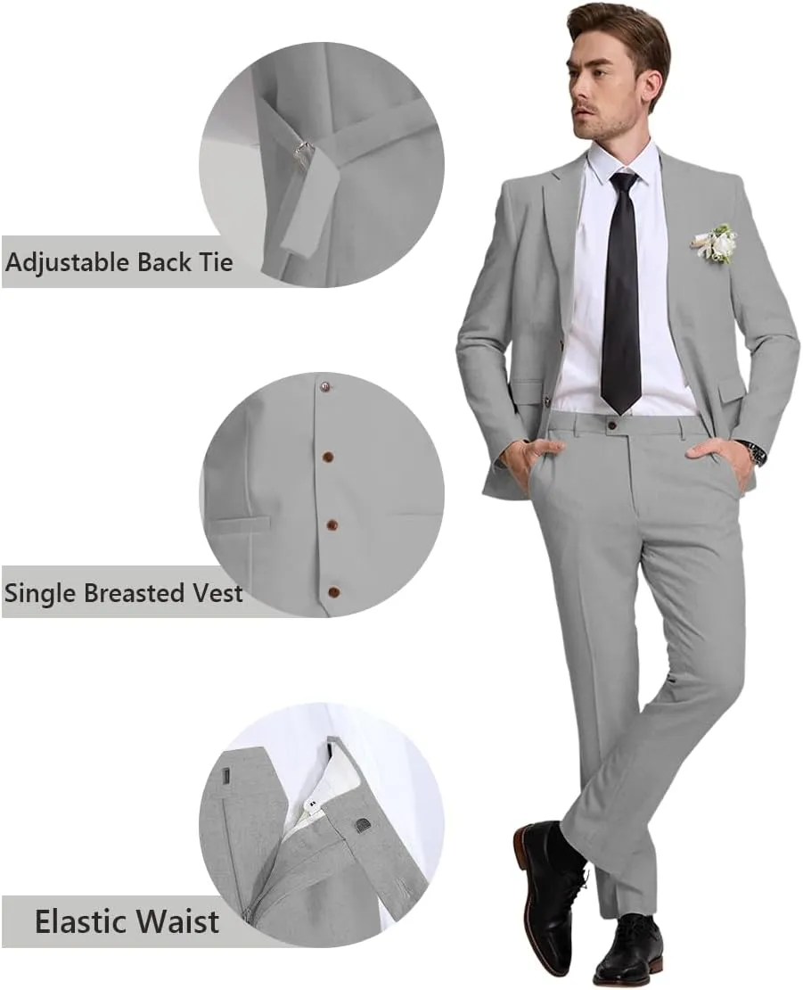 3 Piece Men's Linen Suit,Slim Fit Suits Set for Men Two Buttons Grooms Suits for Summer Beach Wedding