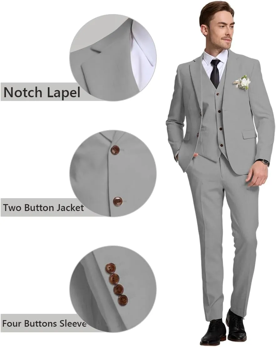 3 Piece Men's Linen Suit,Slim Fit Suits Set for Men Two Buttons Grooms Suits for Summer Beach Wedding