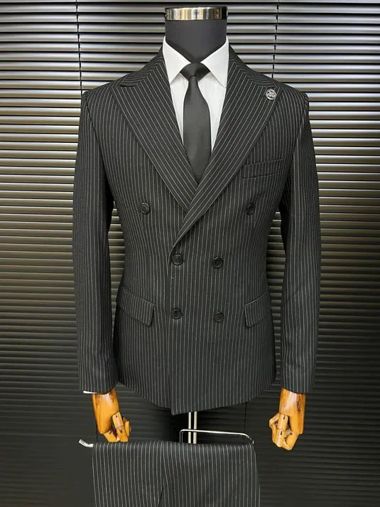Black Striped Bone Button Double-Breasted Slimfit Suit SCB-205