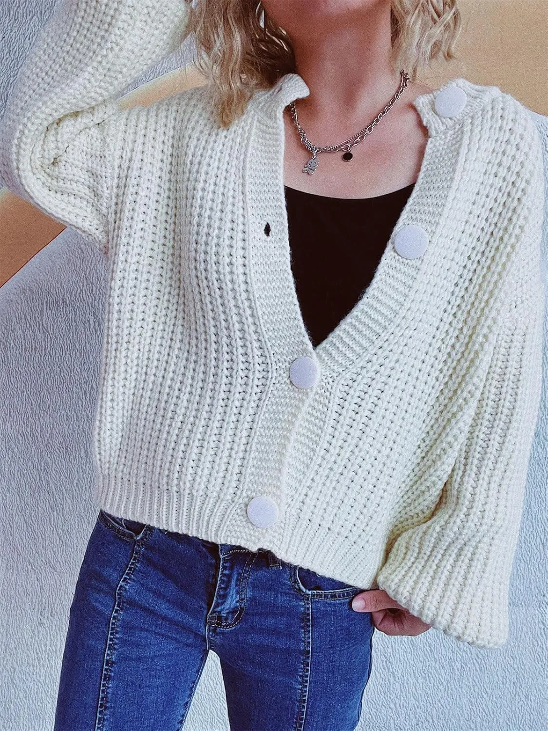 CHARTOU Women's Cable Knit Crop Button Up Sweater Short Chunky Open Front Cardigan Long Sleeve Outfits Fall