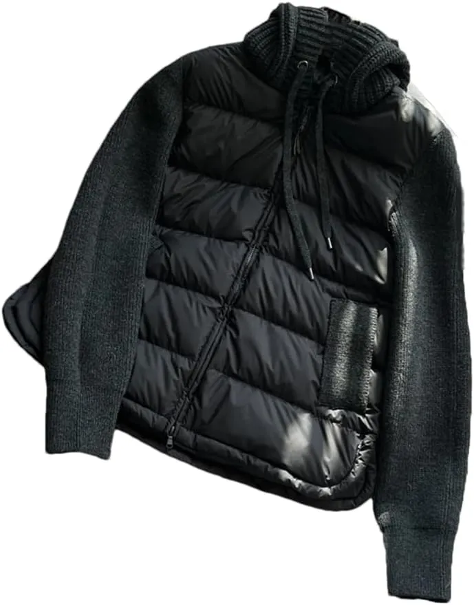 DBFBDTU Women Knitted Patchwork Down Jacket Drawstring Hooded Warm Lightweight Puffer Coat
