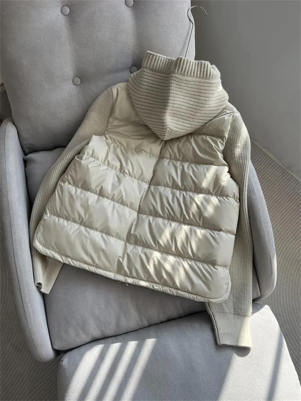 DBFBDTU Women Knitted Patchwork Down Jacket Drawstring Hooded Warm Lightweight Puffer Coat
