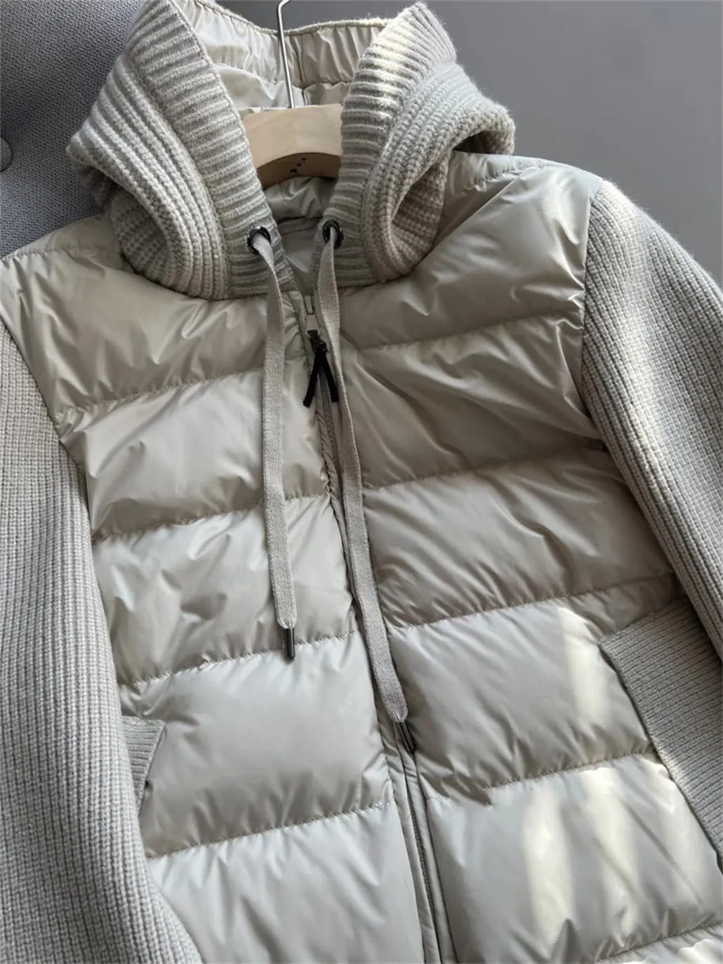 DBFBDTU Women Knitted Patchwork Down Jacket Drawstring Hooded Warm Lightweight Puffer Coat