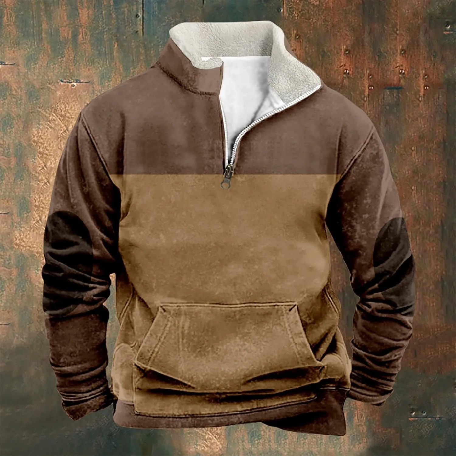 Men Fleece Lined Sweatshirt Plus Size 1/4 Zip Warm Sherpa Winter Thick Sweater Loose Color Block Long Sleeve Pullover