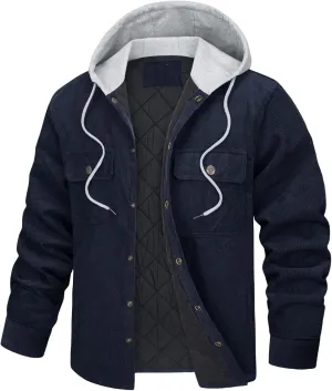 Men's Corduroy Jacket Hoodies Quilted Lined Button-Down Casual Shirt Jackets Warm Winter Coat Fall Clothing for Men