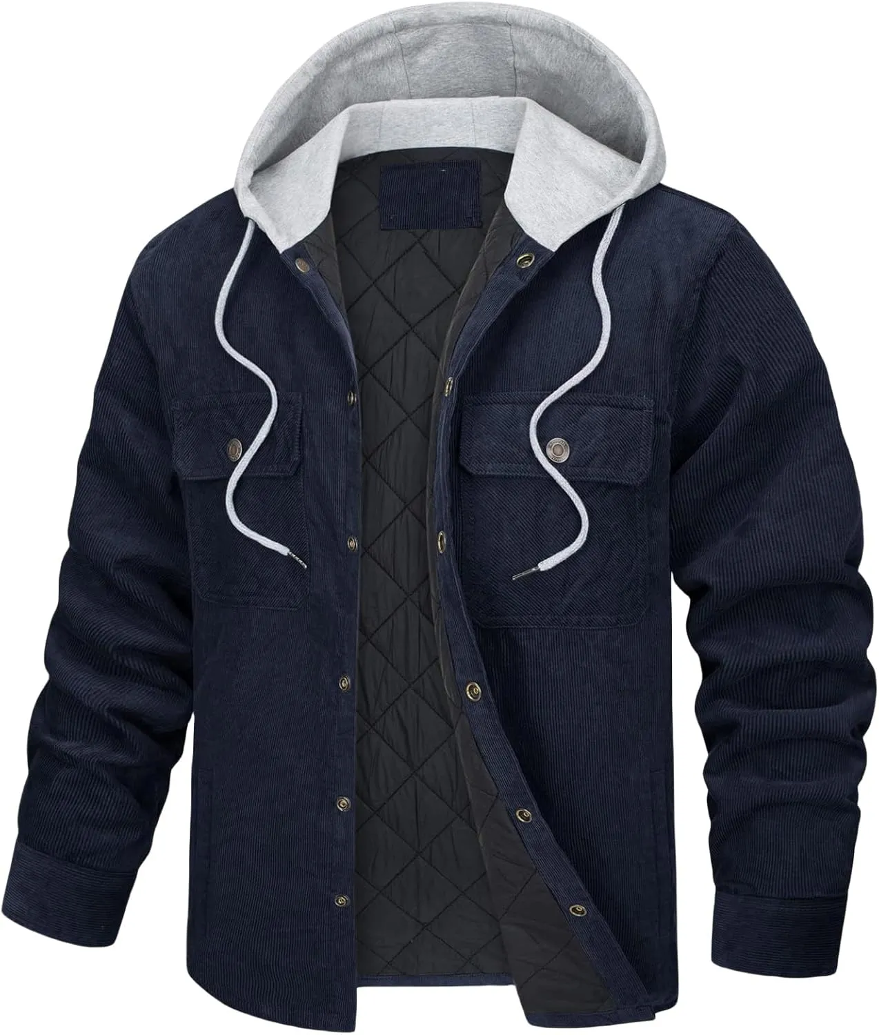 Men's Corduroy Jacket Hoodies Quilted Lined Button-Down Casual Shirt Jackets Warm Winter Coat Fall Clothing for Men