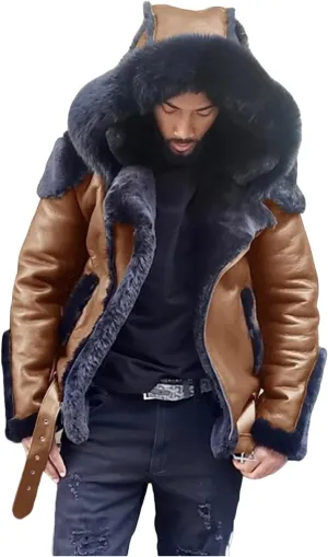 Men's Hooded Windbreak Jackets Sherpa Lined Jacket PU Faux Leather Zip-Up Motorcycle Bomber Jacket Warm Thick Coats