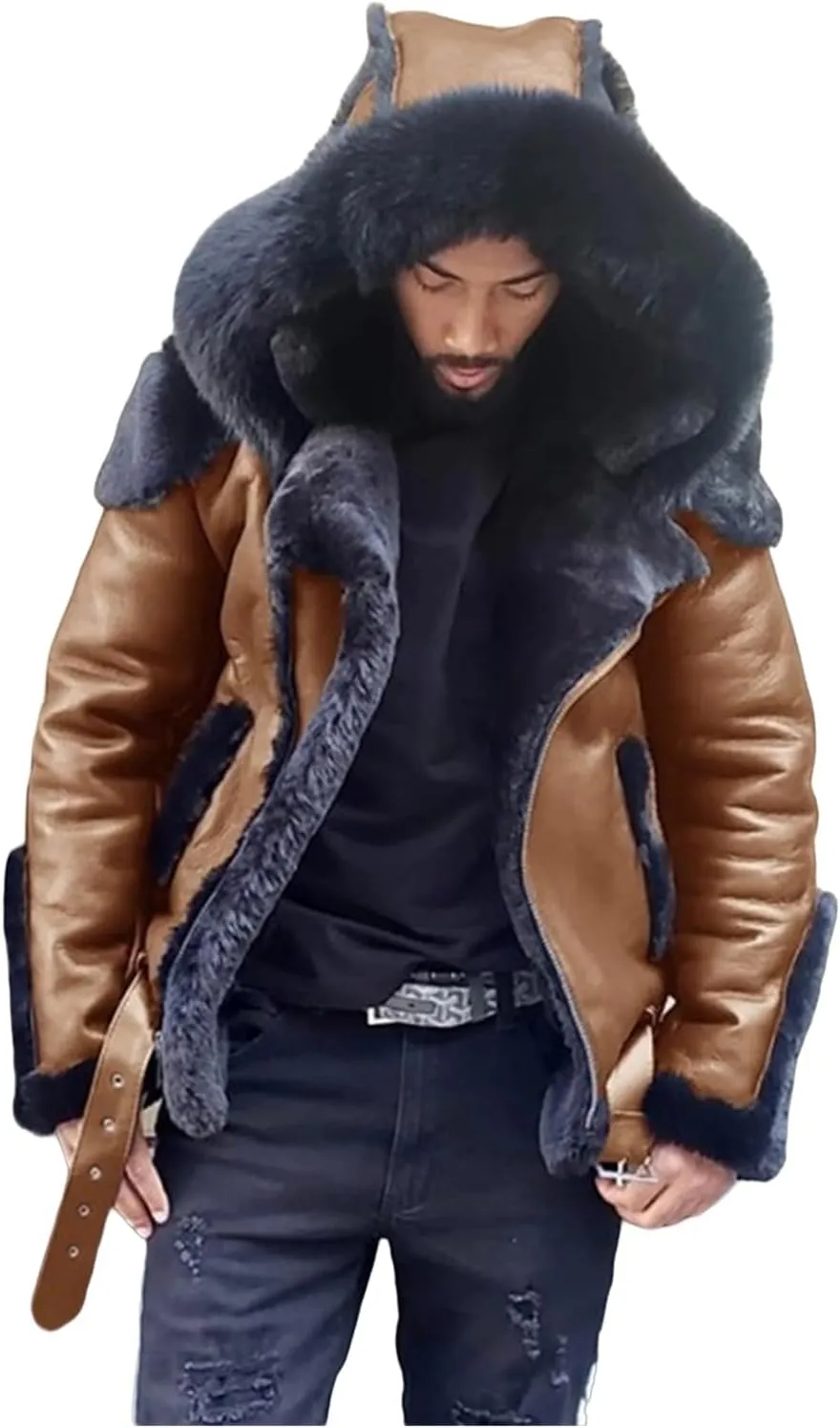 Men's Hooded Windbreak Jackets Sherpa Lined Jacket PU Faux Leather Zip-Up Motorcycle Bomber Jacket Warm Thick Coats