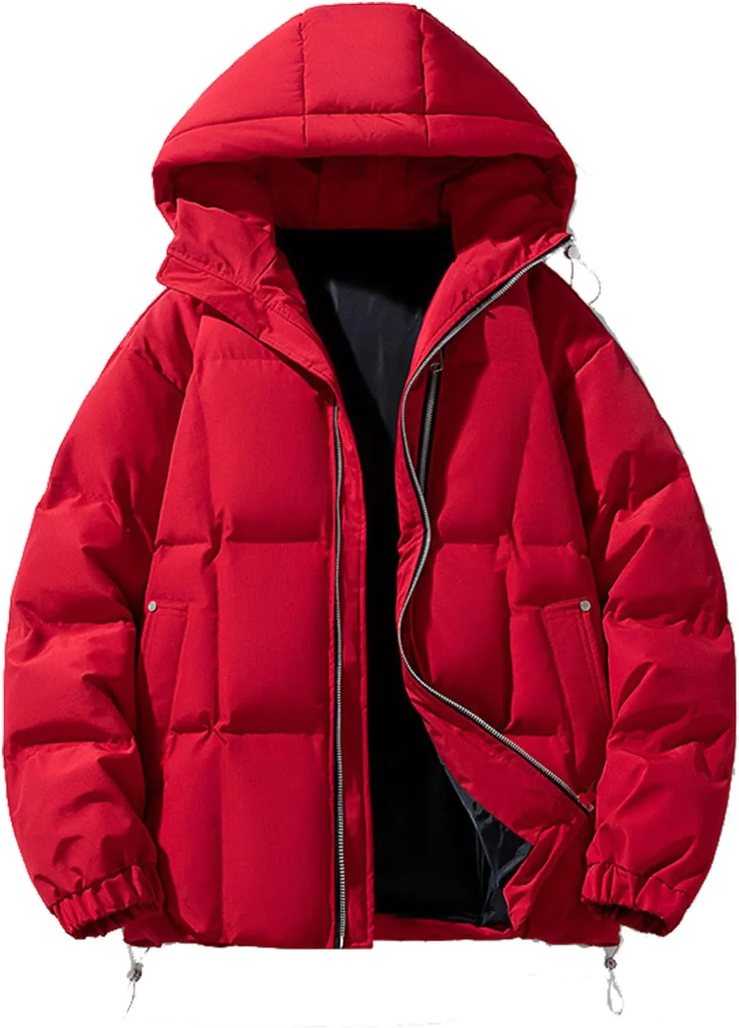 Mens Puffer Jacket with Hood Lightweight Full Zip Plus Size Warm Down Jacket Long Sleeve Casual Padded Warm Winter Coats