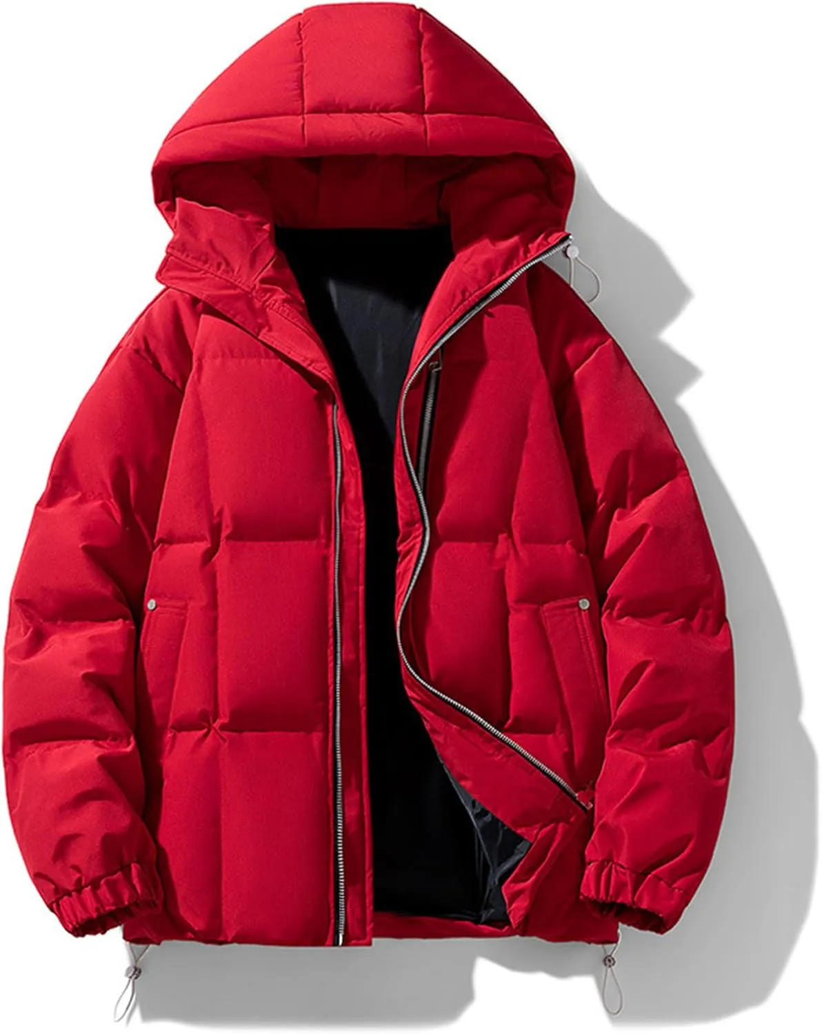 Mens Puffer Jacket with Hood Lightweight Full Zip Plus Size Warm Down Jacket Long Sleeve Casual Padded Warm Winter Coats