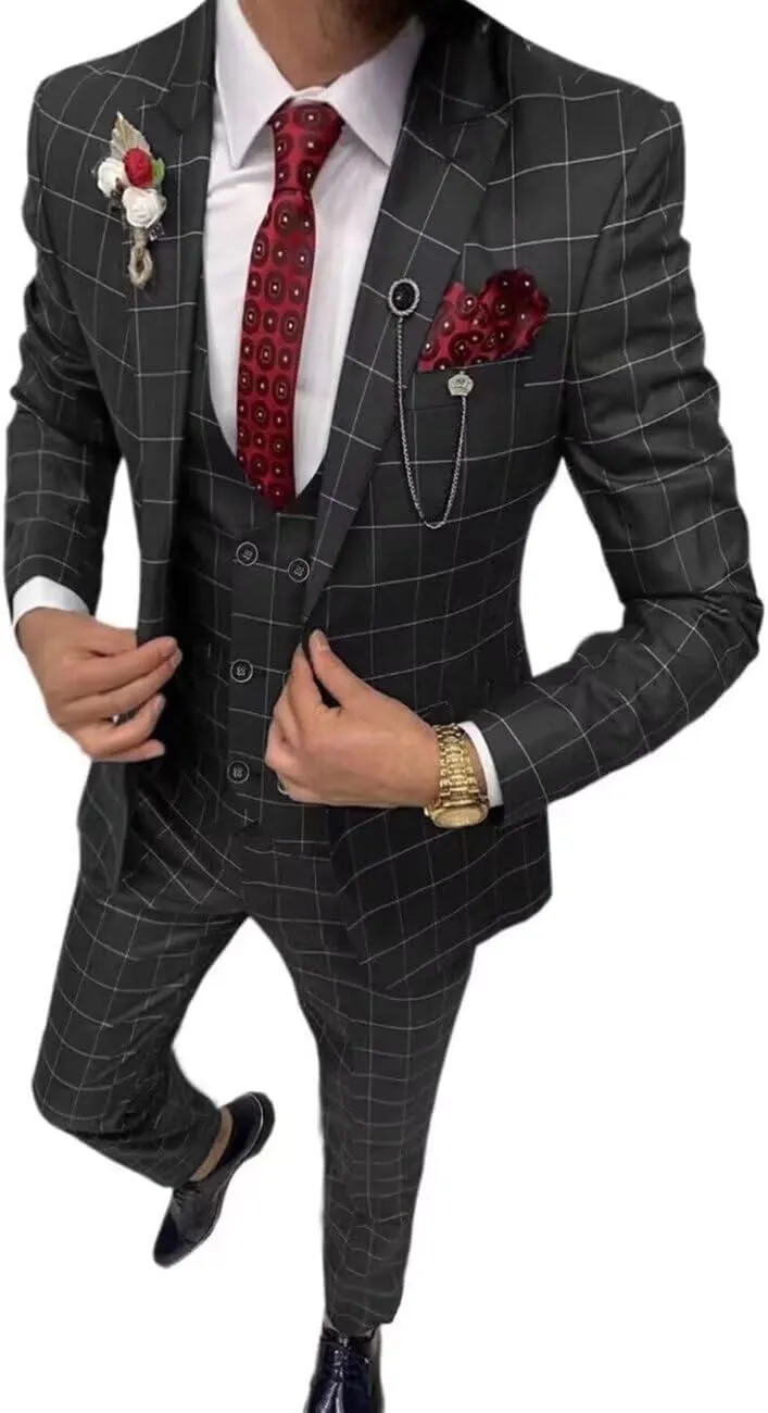 Men's Suit Slim Fit 3 Piece Plaid Suits for Men Checked Tuxedo Suit Men Formal Plaid Blazer Vest Pants Set