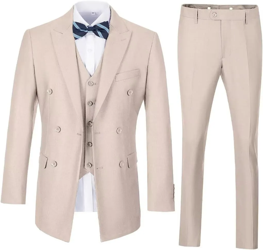 Mens Suits 3 Piece Slim Fit Double Breasted Suit Business Wedding Prom Tuxedo Solid Blazer Vest Pants Set