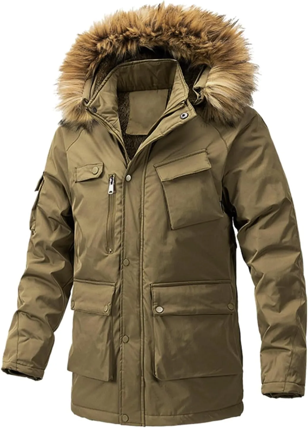 Men's Winter Jacket with Hood Sherpa Lined Full Zip Thermal Jackets Plus Size Padded Windproof Loose Outdoor Coat with Pocket