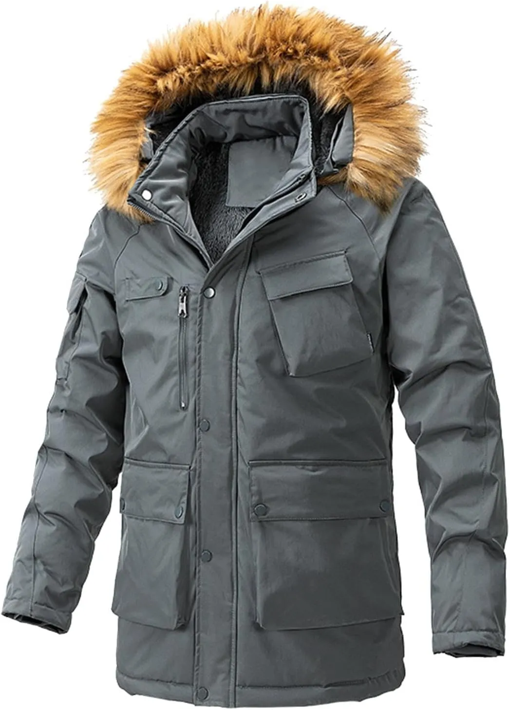 Men's Winter Jacket with Hood Sherpa Lined Full Zip Thermal Jackets Plus Size Windproof Padded Loose Outdoor Coat with Pocket