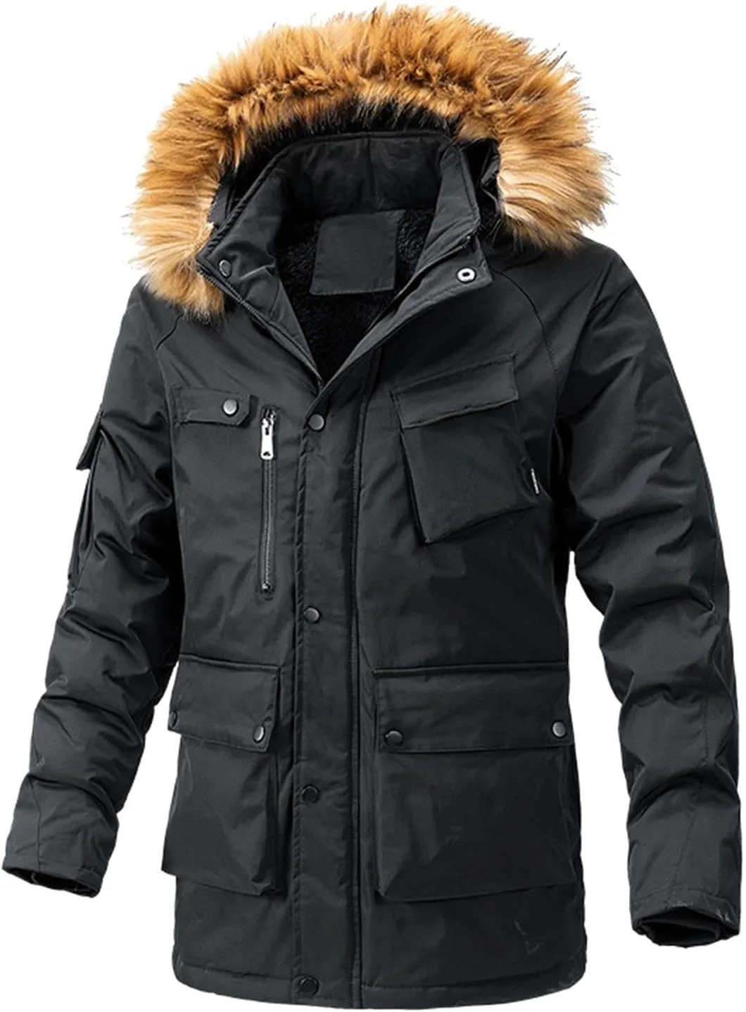 Men's Winter Jacket with Hood Sherpa Lined Full Zip Thermal Jackets Plus Size Windproof Padded Loose Outdoor Coat with Pocket