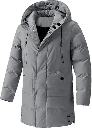 Mens Winter Jackets with Hood Full Zip Windproof Warm Padded Puffer Jacket Plus Size Lightweight Mid-Length Loose Down Coats