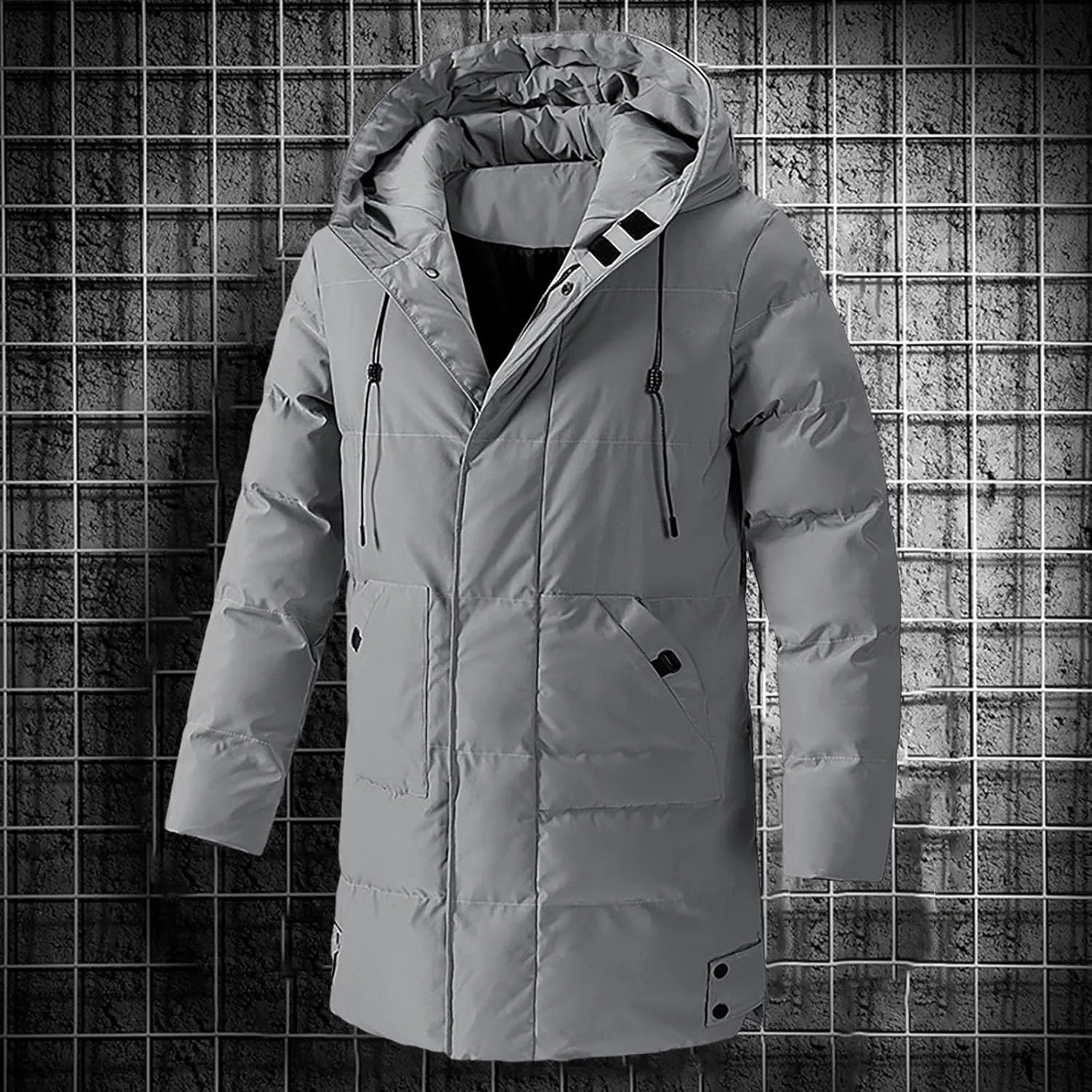 Mens Winter Jackets with Hood Full Zip Windproof Warm Padded Puffer Jacket Plus Size Lightweight Mid-Length Loose Down Coats