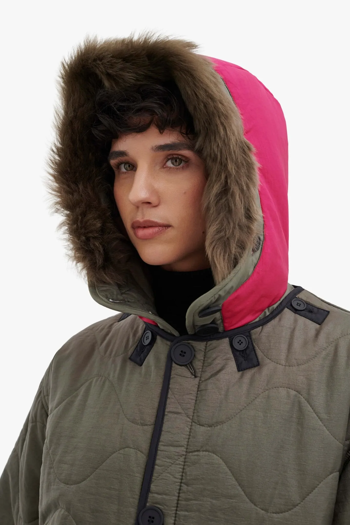 Quilt Hood Shearling Trim - Fuchsia / Dark Olive