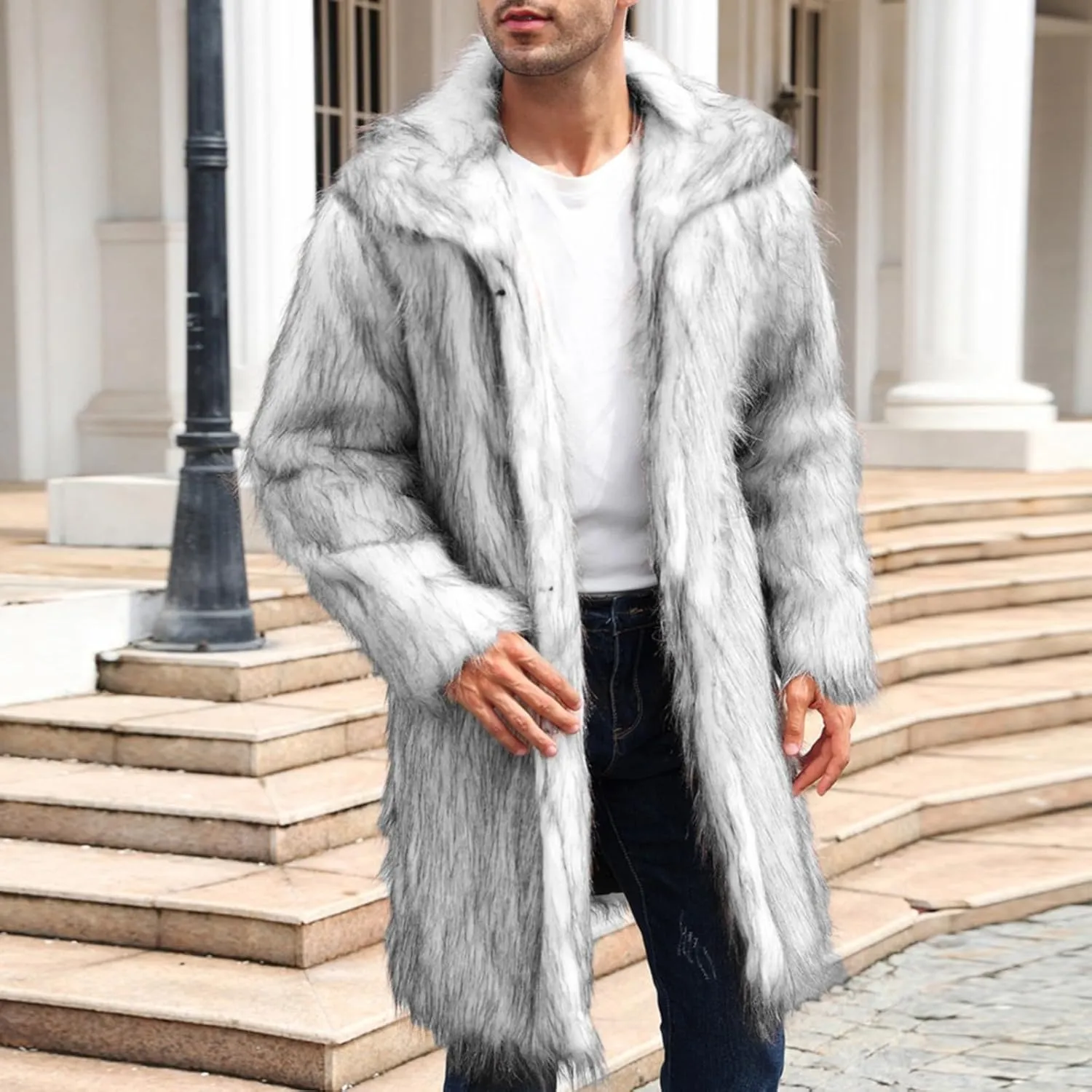 QWENTMTNTY Men's Stylish Fur Coat Winter Fluffy Faux Mink Thick Cardigan Jackets Shearling Lined Lightweight Coats Overcoat