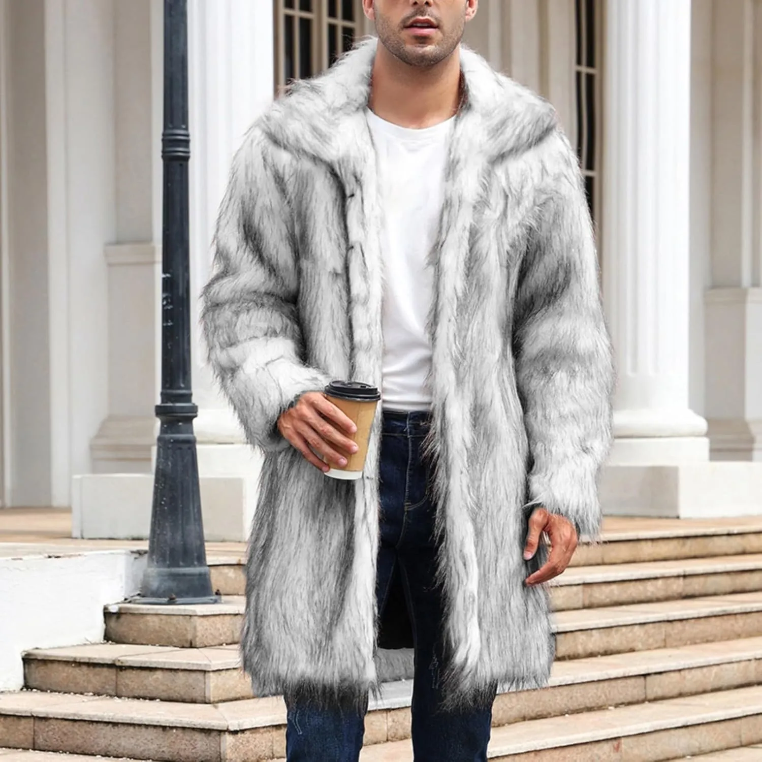 QWENTMTNTY Men's Stylish Fur Coat Winter Fluffy Faux Mink Thick Cardigan Jackets Shearling Lined Lightweight Coats Overcoat