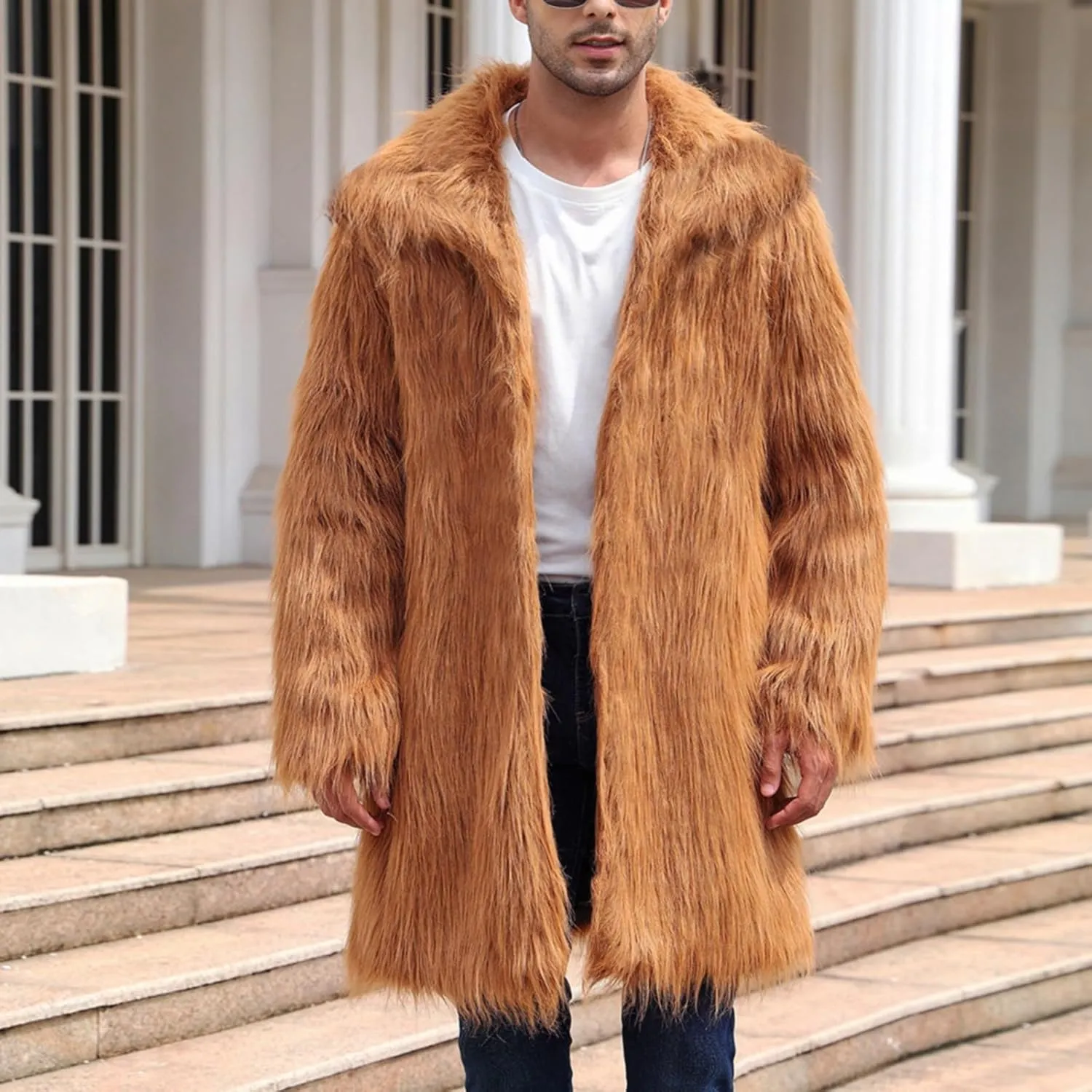 QWENTMTNTY Men's Stylish Fur Coat Winter Fluffy Faux Mink Thick Cardigan Jackets Shearling Lined Lightweight Coats Overcoat