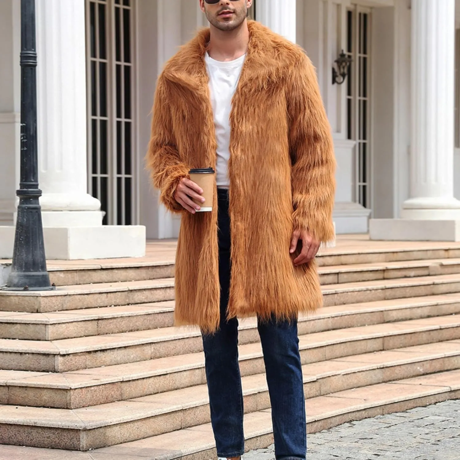 QWENTMTNTY Men's Stylish Fur Coat Winter Fluffy Faux Mink Thick Cardigan Jackets Shearling Lined Lightweight Coats Overcoat