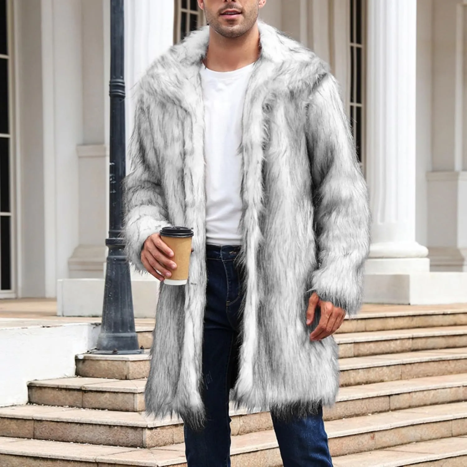 QWENTMTNTY Men's Stylish Fur Coat Winter Fluffy Faux Mink Thick Cardigan Jackets Shearling Lined Lightweight Coats Overcoat