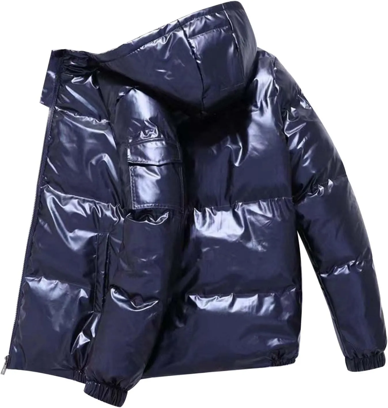 Winter Puffer Jacket for Men with Hood Full Zip Light Weight Down Jackets Trendy Glossy Long Sleeve Padded Warm Coats Tops