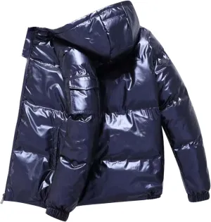 Winter Puffer Jacket for Men with Hood Full Zip Light Weight Down Jackets Trendy Glossy Long Sleeve Padded Warm Coats Tops