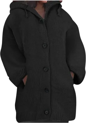 Women's Casual Long Sleeve Button Solid Color Loose Oversized Hooded Sweater Jacket with Pockets, S-5XL