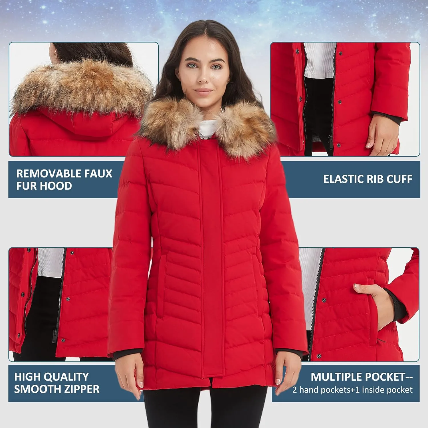 Women's Duck Down Long Parka Winter Jacket Warm Parka Down Coat with Fur Hood Puffer Jacket