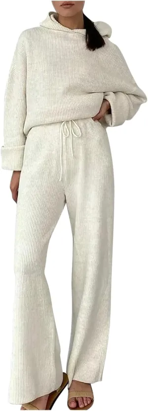Women's Fall 2 Piece Outfits Knit Hoodies Sweaters Sets Pullover Sweater Jumper Tops Hooded Wide Leg Pants Lounge Sets