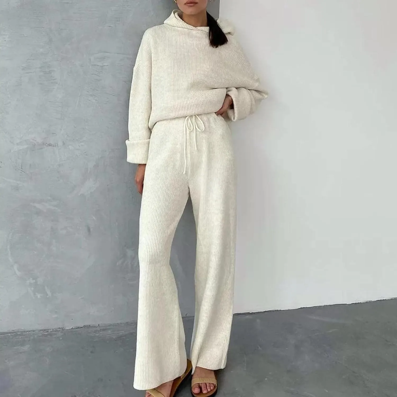 Women's Fall 2 Piece Outfits Knit Hoodies Sweaters Sets Pullover Sweater Jumper Tops Hooded Wide Leg Pants Lounge Sets