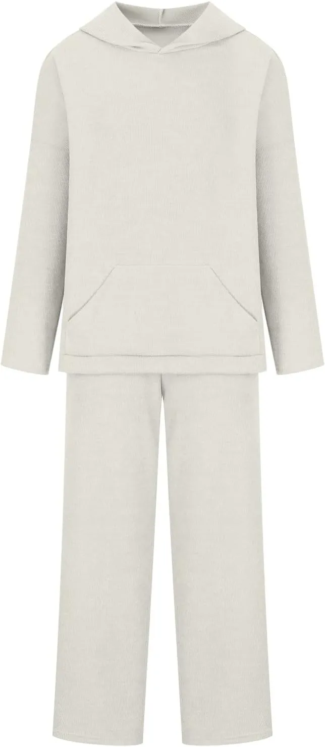 Women's Fall 2 Piece Outfits Knit Hoodies Sweaters Sets Pullover Sweater Jumper Tops Hooded Wide Leg Pants Lounge Sets