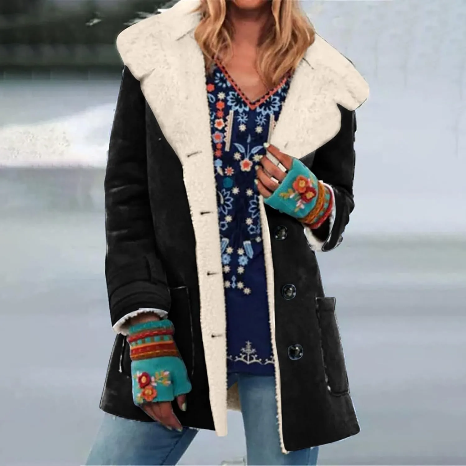 Womens Fleece Lined Jackets 2024 Winter Suede Coats Thickened Warm Sherpa Coats Notch Lapel Outerwear with Pockets