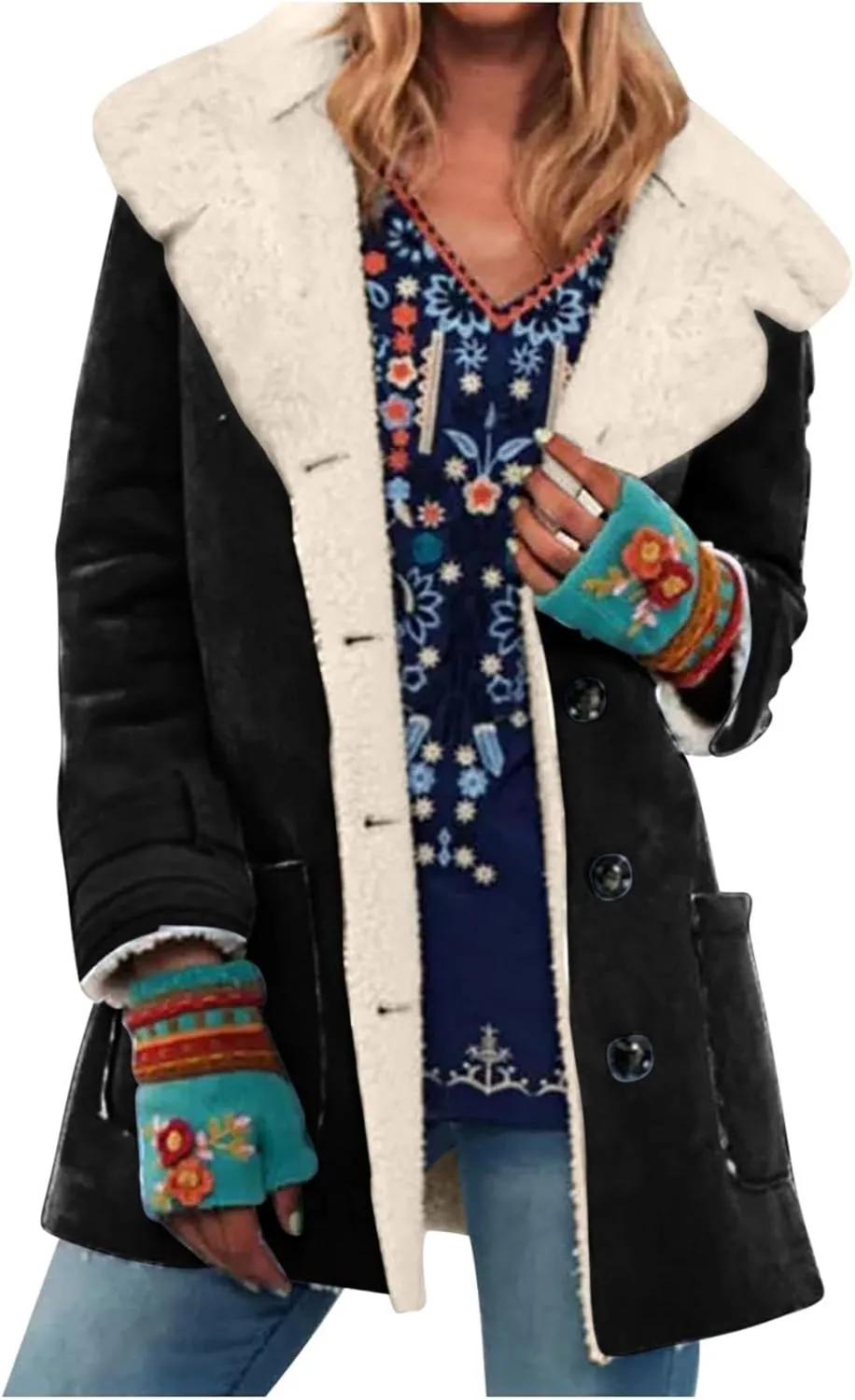 Womens Fleece Lined Jackets 2024 Winter Suede Coats Thickened Warm Sherpa Coats Notch Lapel Outerwear with Pockets