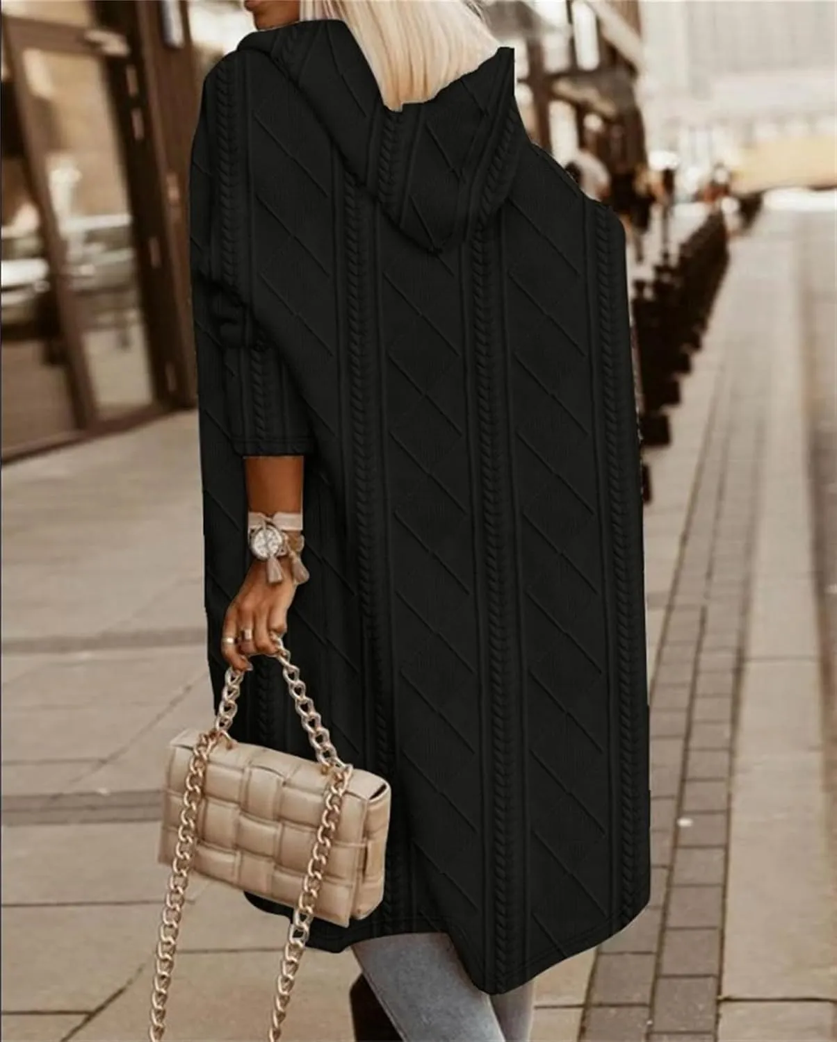 Women's Long Cardigan Sweaters 2023 Fall Winter Oversized Cable Knit Hooded Sweater Coats Casual Loose Trench Coats