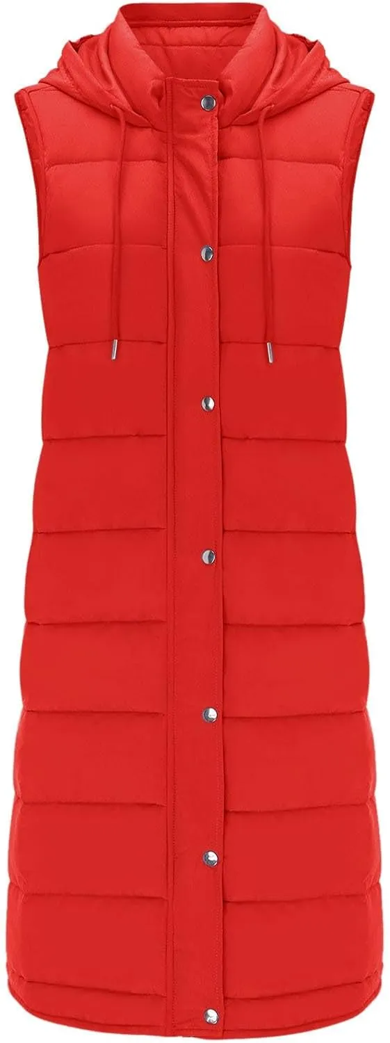 Women's Long Vest Sleeveless Lightweight Puffer Jacket Down Coat Quilted Vest Hood Warm Winter with Pocket Plus Size