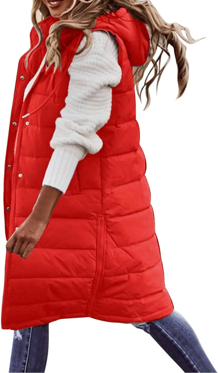 Women's Long Vest Sleeveless Lightweight Puffer Jacket Down Coat Quilted Vest Hood Warm Winter with Pocket Plus Size