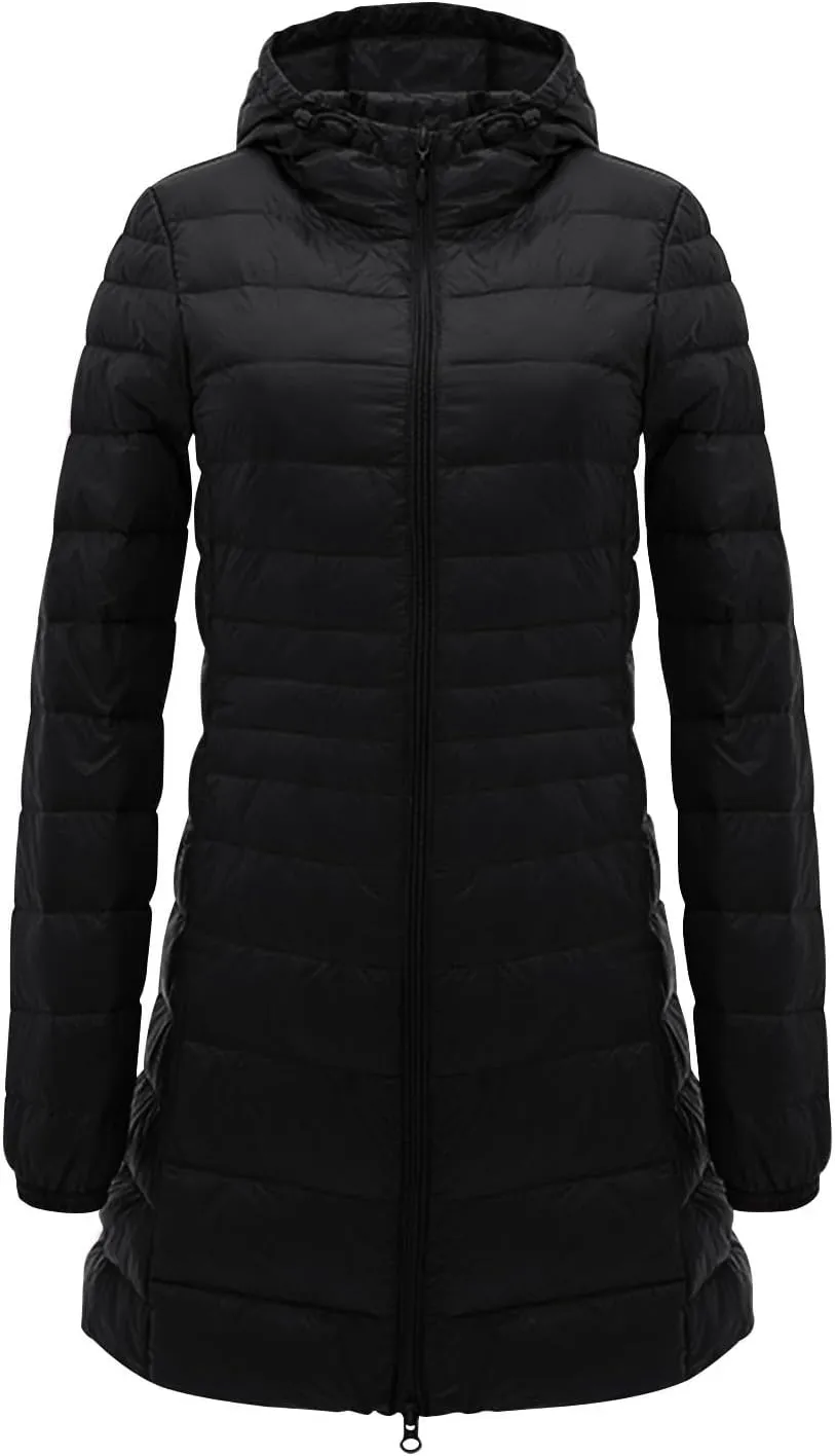 Womens Packable Puffer Jacket Winter Warm Lightweight Down Coat Zip Up Windproof Oversized Long Outerwear with Hood
