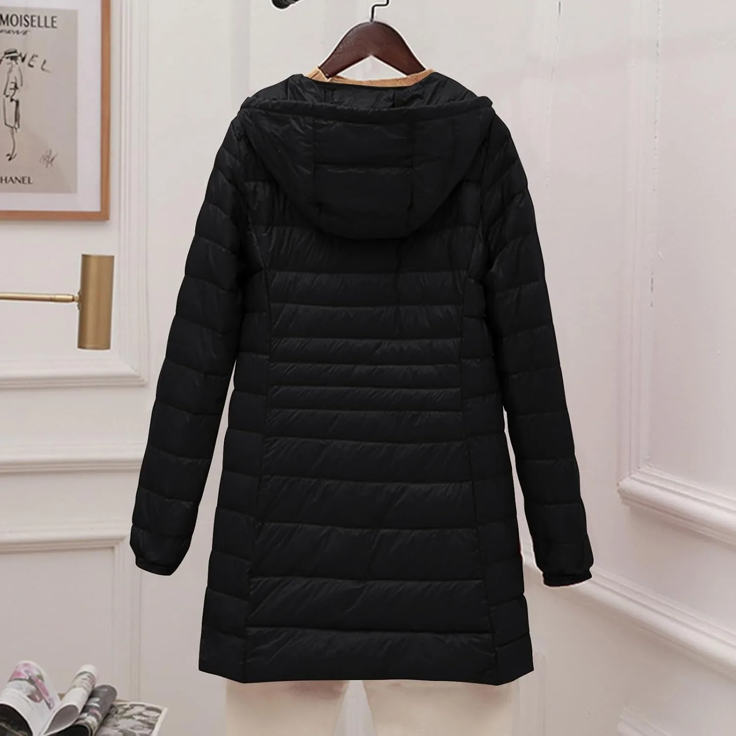 Womens Packable Puffer Jacket Winter Warm Lightweight Down Coat Zip Up Windproof Oversized Long Outerwear with Hood