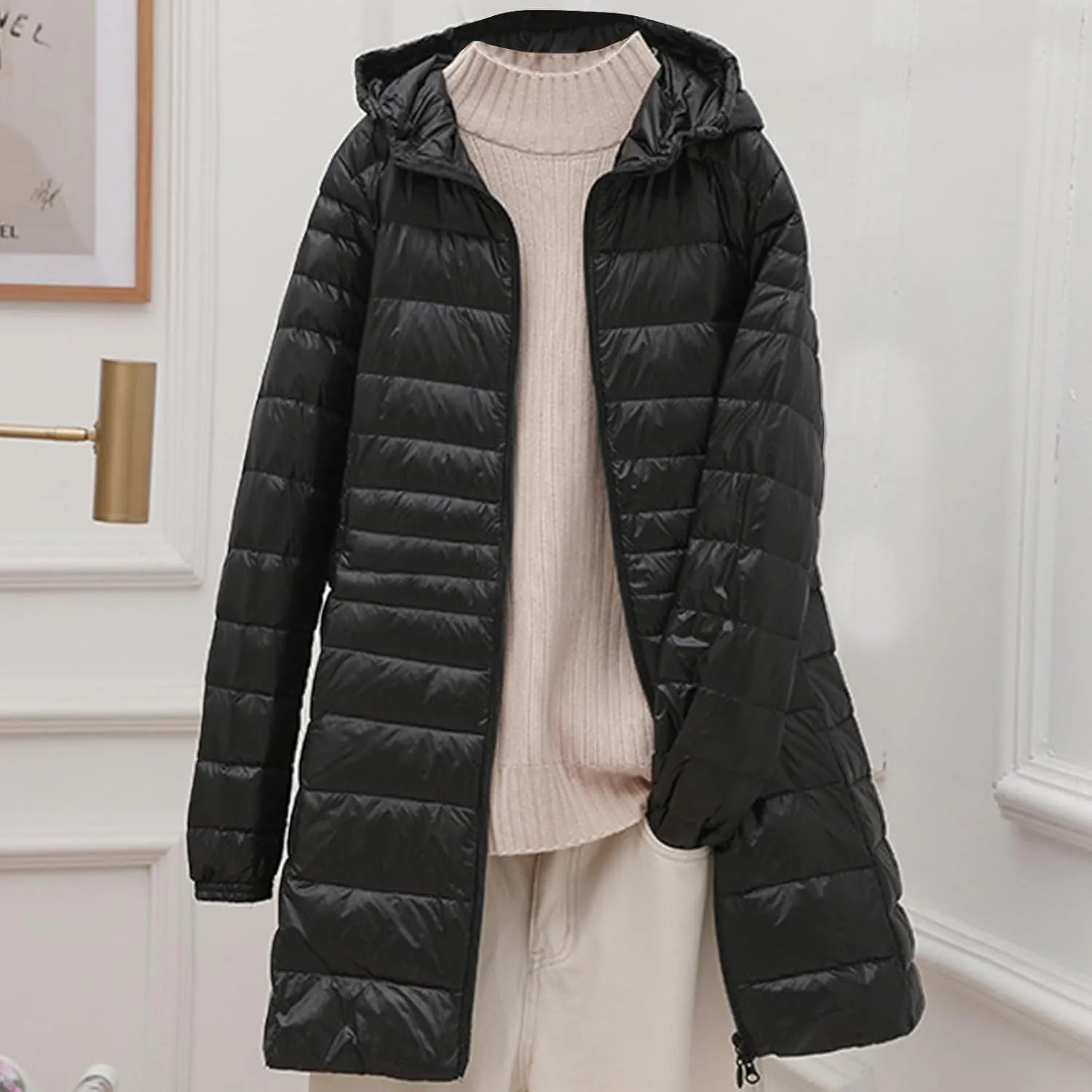 Womens Packable Puffer Jacket Winter Warm Lightweight Down Coat Zip Up Windproof Oversized Long Outerwear with Hood