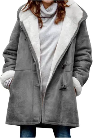 Womens Sherpa Lined Jackets Fashion Winter Fuzzy Fleece Hoodie Sweatshirt Casual Soft Cozy Horn Button Down Coats