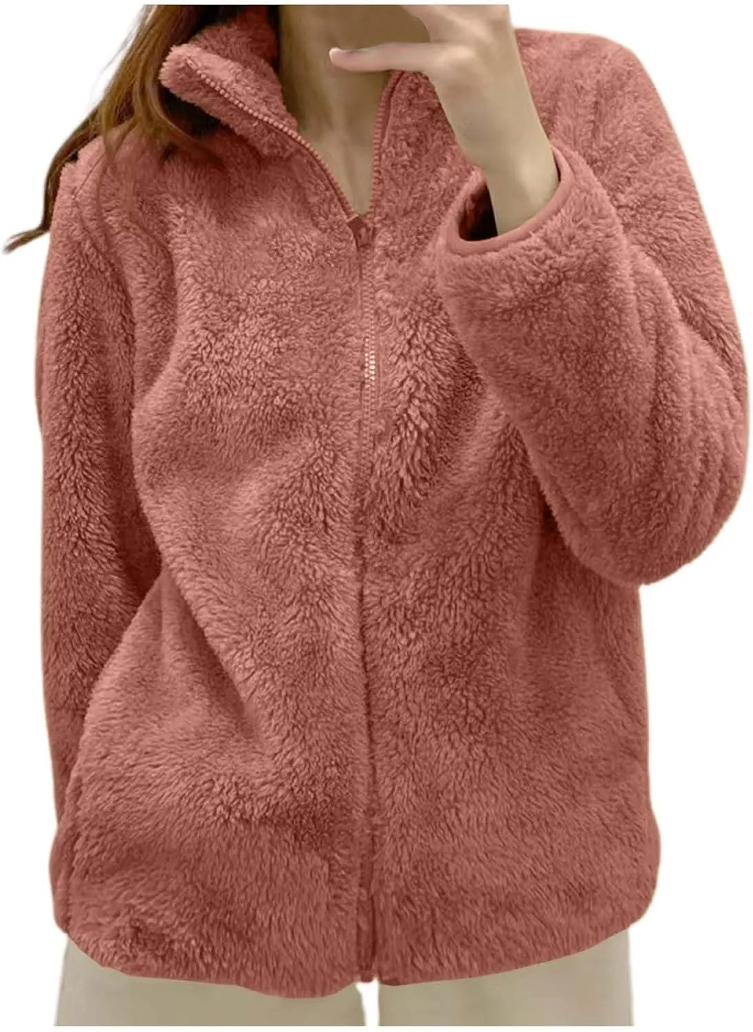 Women's Winter Fleece Sweatshirt Jacket Full Zip Sherpa Fur Hooded Jacket Lightweight Shaggy Teddy Coat Outerwear